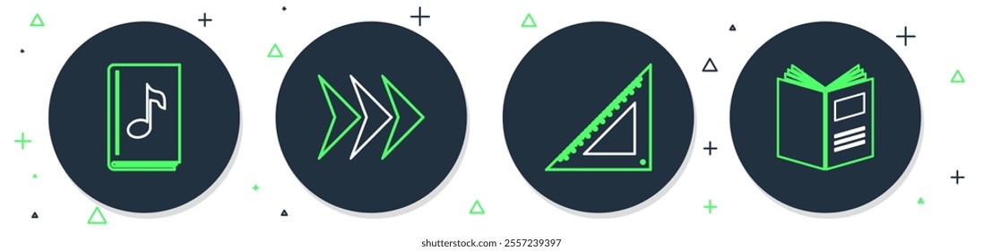 Set line Arrow, Triangular ruler, Audio book and Open icon. Vector