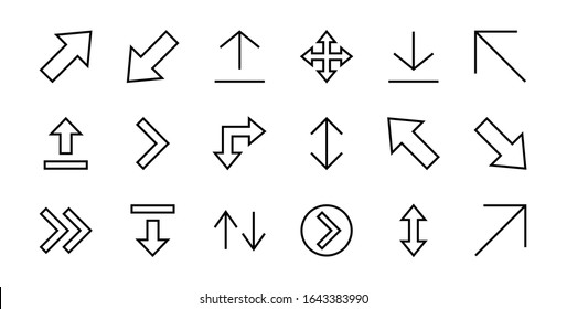 Set of line arrows, directions, arrows, contains icons such as pause, continuation, directly, to the right, Editable stroke. 480x480, On a white background, Vector illustration.