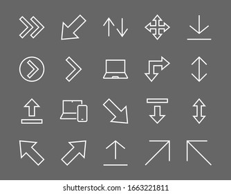 Set of line arrows, directions, arrows, contains icons such as pause, continuation, directly, to the right, Editable stroke. 480x480, On a white background, Vector illustration.