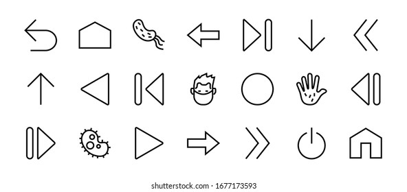 Set of line arrows, directions, arrows, contains icons such as pause, continuation, directly, to the right, Editable stroke. 480x480, On a white background, Vector illustration.
