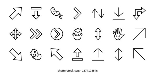 Set of line arrows, directions, arrows, contains icons such as pause, continuation, directly, to the right, Editable stroke. 480x480, On a white background, Vector illustration.
