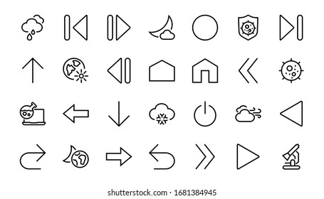 Set of line arrows, directions, arrows, contains icons such as pause, continuation, directly, to the right, Editable stroke. 480x480, On a white background, Vector illustration.
