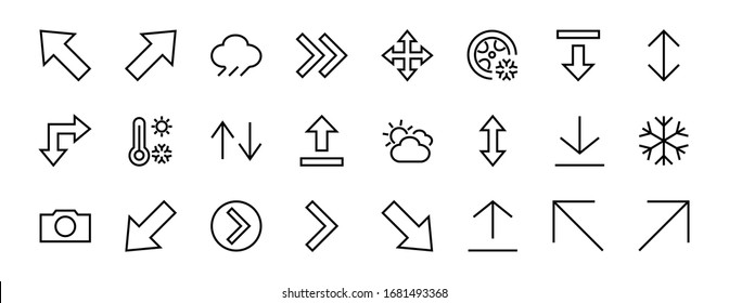 Set of line arrows, directions, arrows, contains icons such as pause, continuation, directly, to the right, Editable stroke. 480x480, On a white background, Vector illustration.