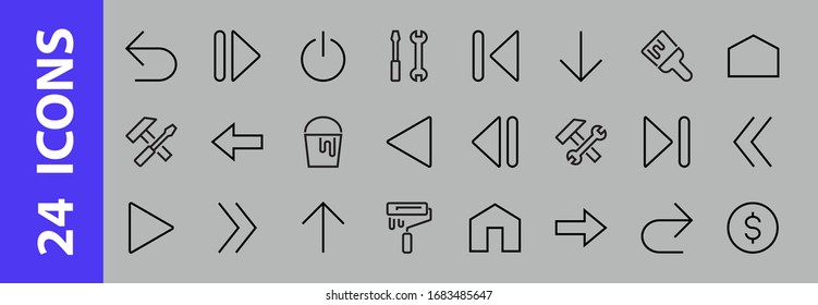 Set of line arrows, directions, arrows, contains icons such as pause, continuation, directly, to the right, Editable stroke. 480x480, On a white background, Vector illustration.