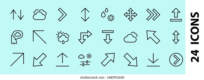 Set of line arrows, directions, arrows, contains icons such as pause, continuation, directly, to the right, Editable stroke. 480x480, On a white background, Vector illustration.