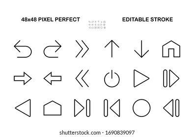 Set of line arrows, directions, arrows, contains icons such as pause, continuation, directly, to the right, Editable stroke. 480x480, On a white background, Vector illustration.