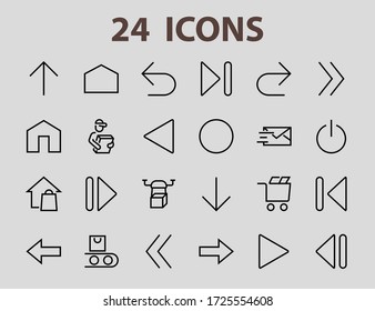 Set of line arrows, directions, arrows, contains icons such as pause, continuation, directly, to the right, Editable stroke. 480x480, On a white background, Vector illustration.