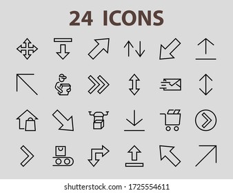 Set of line arrows, directions, arrows, contains icons such as pause, continuation, directly, to the right, Editable stroke. 480x480, On a white background, Vector illustration.
