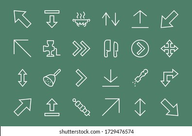 Satz von Linien Pfeile, Richtungen, Pfeile, enthält Symbole wie Pause, Fortsetzung, direkt rechts, Editierbarer Strich. 480x480, Auf weißem Hintergrund, Vector-Abbildung.