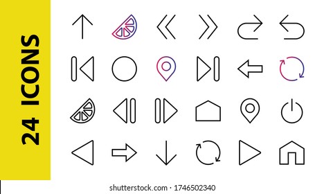 El conjunto de flechas de línea, direcciones, flechas, contiene iconos como pausa, continuación, directamente, a la derecha, trazo editable. 480x480, en fondo blanco, ilustración vectorial.