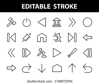 Set of line arrows, directions, arrows, contains icons such as pause, continuation, directly, to the right, Editable stroke. 480x480, On a white background, Vector illustration.