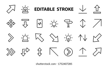 Set of line arrows, directions, arrows, contains icons such as pause, continuation, directly, to the right, Editable stroke. 480x480, On a white background, Vector illustration.