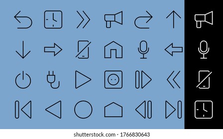 Set of line arrows, directions, arrows, contains icons such as pause, continuation, directly, to the right, Editable stroke. 480x480, On a white background, Vector illustration.