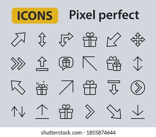 Set of line arrows, directions, arrows, contains icons such as pause, continuation, directly, to the right, Editable stroke. 480x480, On a white background, Vector illustration.