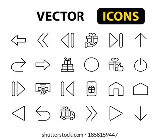 El conjunto de flechas de línea, direcciones, flechas, contiene iconos como pausa, continuación, directamente, a la derecha, trazo editable. 480x480, en fondo blanco, ilustración vectorial.