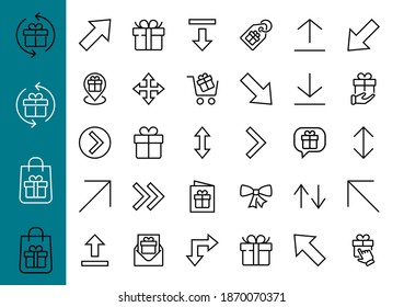 Set of line arrows, directions, arrows, contains icons such as pause, continuation, directly, to the right, Editable stroke. 480x480, On a white background, Vector illustration.
