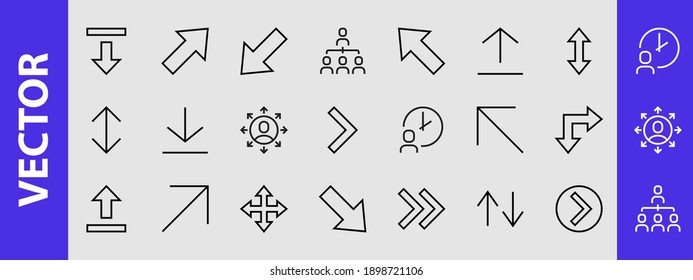 Set of line arrows,
directions, arrows, contains icons such as pause, continuation, directly, to the right, Editable stroke. 480x480, On a white background, Vector illustration.