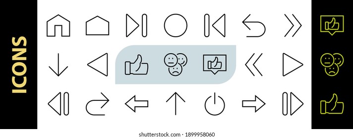 Set of line arrows, directions, arrows, contains icons such as pause, continuation, directly, to the right, Editable stroke. 480x480, On a white background, Vector illustration.