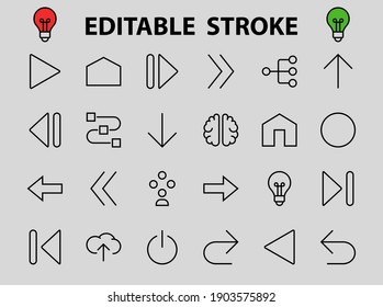 Set of line arrows, directions, arrows, contains icons such as pause, continuation, directly, to the right, Editable stroke. 480x480, On a white background, Vector illustration.