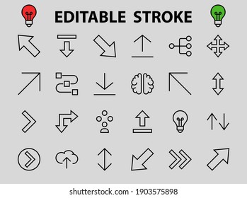 Set of line arrows,
directions, arrows, contains icons such as pause, continuation, directly, to the right, Editable stroke. 480x480, On a white background, Vector illustration.