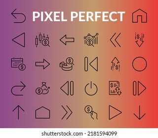 El conjunto de flechas de línea, direcciones, flechas, contiene iconos como pausa, continuación, directamente, a la derecha, trazo editable. 480x480, en fondo blanco, ilustración vectorial.