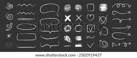 Set of line Arrows white chalk hand drawn. Grunge different elements, scribble in doodle style. Grunge abstract chalk, crayon pencil. Vector illustration on white background.