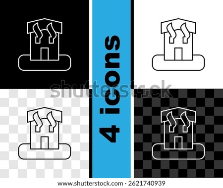 Set line Arson home icon isolated on black and white, transparent background. Fire in building. Flames from office windows. Burn facility. Spontaneous disaster.  Vector