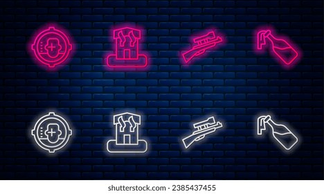Colocar en la línea Arson home, Sniper rifle con alcance, Headshot y Cocktail molotov. Icono de neón brillante en la pared de ladrillo. Vector