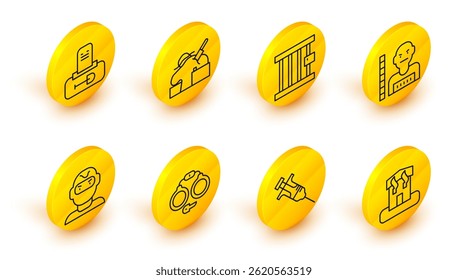 Set line Arson home, Syringe, Handcuffs, Thief mask, Suspect criminal, Prison window, Murder and Grave with tombstone icon. Vector