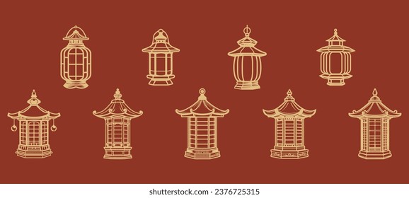 set of line art of ancient chinese pagoda lantern. isolated on a background. eps 10