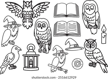 Set line art animal drawing owl bird clipart halloween holiday party Witch minimalist icon magic book item lantern prop Gothic sticker design element witch hat outline scary theme eye creepy character