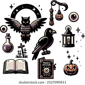 Set Linie Kunst Tier Zeichnung Eule Vogel Clipart Halloween Feiertag Party Hexe minimalistische Ikone magische Buch Element Laterne Requisite Gothic Sticker Design Element Hexe Hut skary Thema Auge gruseligen Charakter