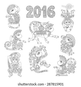 set of line art authentic decorative monkey - chinese zodiac symbol 2016 year, black and white vector illustration