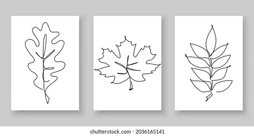 Set of line art autumn leaves .Leaf line icons and leaf silhouettes.Collection of hand drawn autumn leaves.One line leaf.