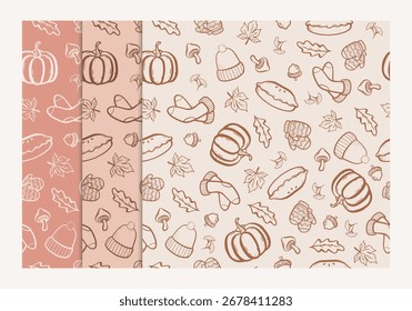 Set of line art autumn pattern in brownish background. Vector illustration autumn seamless pattern for background, wallpaper, wrapping and textile.