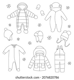 Set of line art baby winter clothes. Winter coat, overalls, snow suit, jumpsuit, hats and mittens. Doodle style. Isolated vector illustration. 