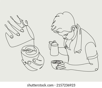 Set of line art of barista pouring milk to coffee. Line Continue drawing of staff coffee vector illustration. Minimalist 