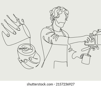 Conjunto de líneas de arte de barista vertiendo leche en café. Línea Continuar dibujo de la ilustración del vector de café del personal. Minimalista 