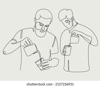 Set of line art of barista pouring milk to coffee. Line Continue drawing of staff coffee vector illustration. Minimalist 