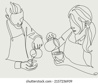 Set of line art of barista pouring milk to coffee. Line Continue drawing of staff coffee vector illustration. Minimalist 