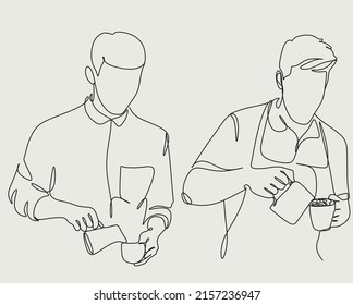 Conjunto de líneas de arte de barista vertiendo leche en café. Línea Continuar dibujo de la ilustración del vector de café del personal. Minimalista 