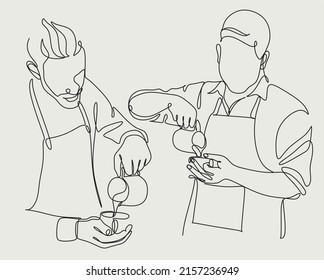 Set of line art of barista pouring milk to coffee. Line Continue drawing of staff coffee vector illustration. Minimalist 