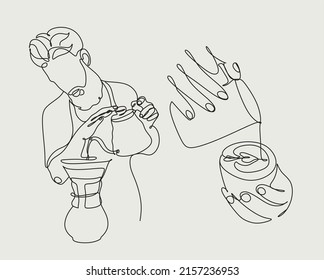 Set of line art of barista pouring milk to coffee. Line Continue drawing of staff coffee vector illustration. Minimalist 