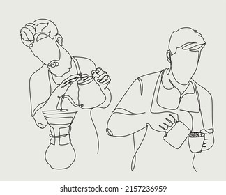 Set of line art of barista pouring milk to coffee. Line Continue drawing of staff coffee vector illustration. Minimalist 