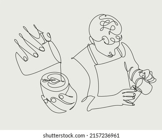 Set of line art of barista pouring milk to coffee. Line Continue drawing of staff coffee vector illustration. Minimalist 