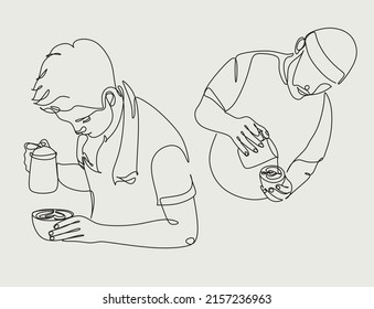 Set of line art of barista pouring milk to coffee. Line Continue drawing of staff coffee vector illustration. Minimalist 
