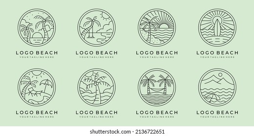 set of line art beach icon logo vector illustration design, ocean landscape whit badge emblem and wave minimal logo design