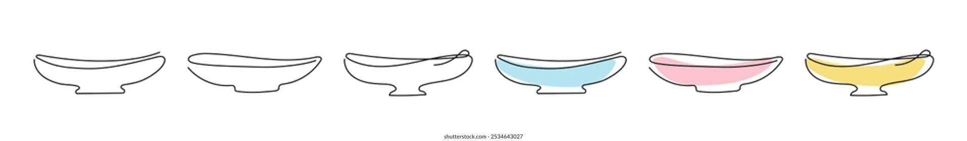 Conjunto de Line Art Bowls Isolado no fundo branco. . Inclui contorno preto, desenho contínuo de uma linha e versões coloridas. Placas vazias. Conceito de Utensílios de cozinha. Imprimir, Ícone, Elemento De Design.