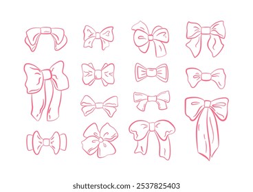 Set of line art bows. Various tied up ribbons. Gift element. Hand drawn girlish accessories. Romantic women's hair outline bowknot. Vector illustration, isolated elements