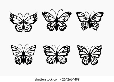 Set of line art butterflies, monochrome illustration butterflies svg
